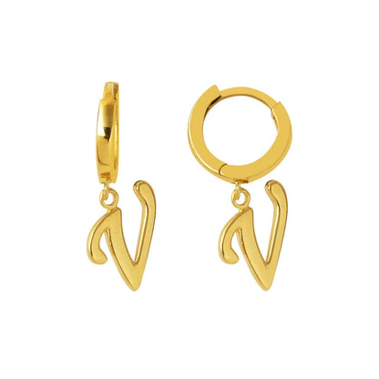 14K Yellow Gold V Initial Hoop Earrings