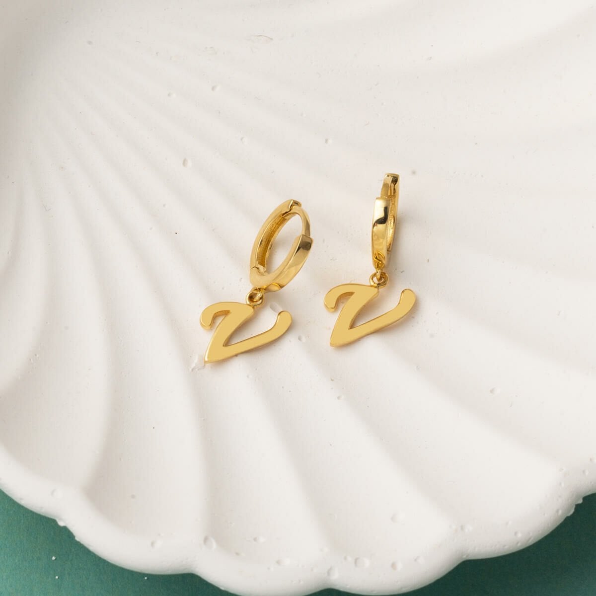14K Yellow Gold V Initial Hoop Earrings