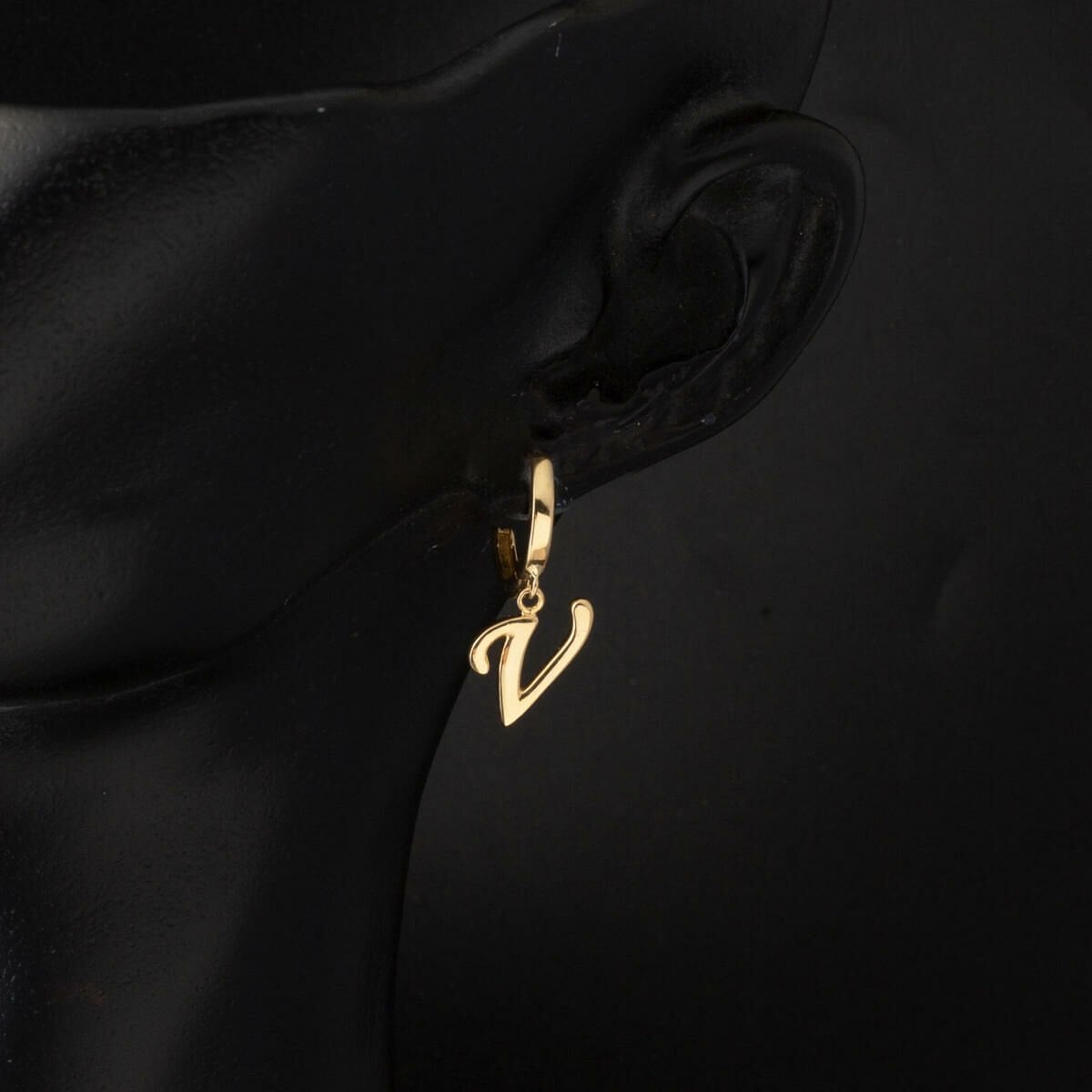 14K Yellow Gold V Initial Hoop Earrings