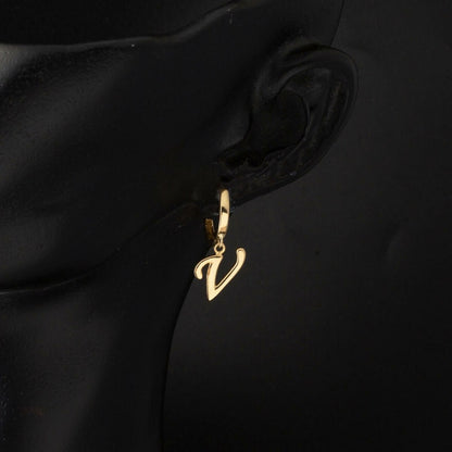 14K Yellow Gold V Initial Hoop Earrings
