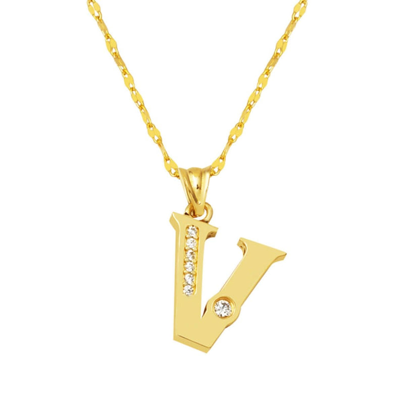 14K Yellow Gold Lettera V Initial Cubic Zirconia Necklace