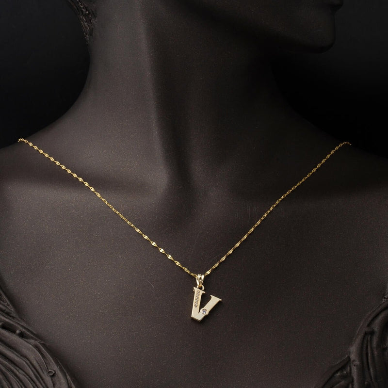 14K Yellow Gold Lettera V Initial Cubic Zirconia Necklace