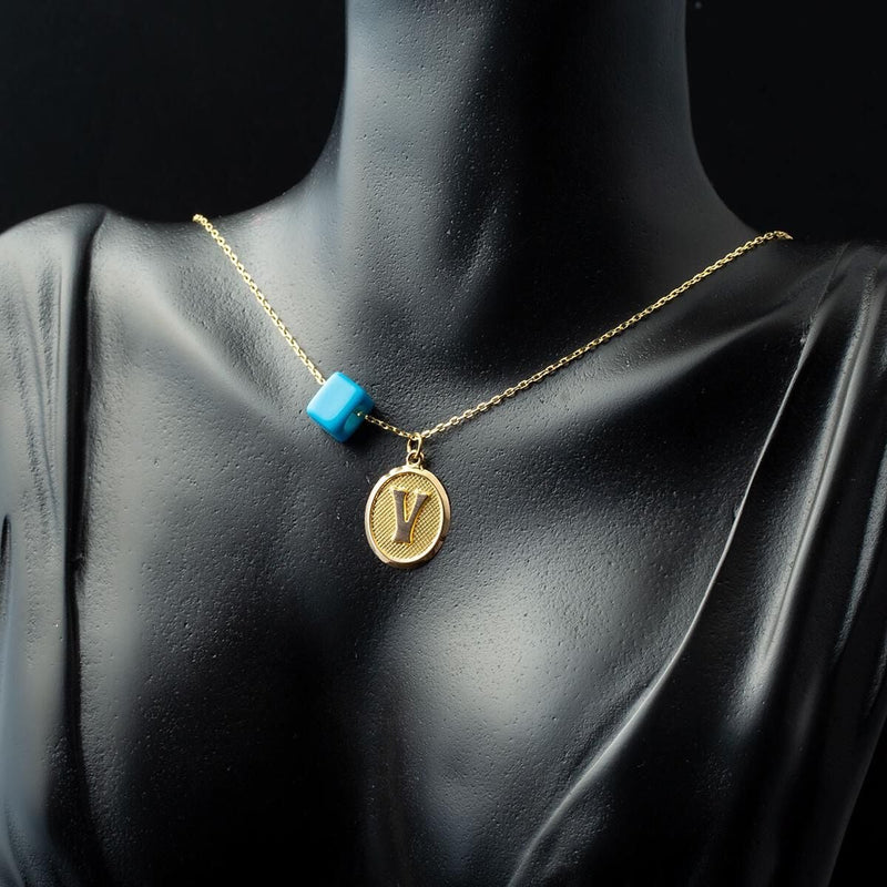 14K Yellow Gold V Initial Oval Necklace
