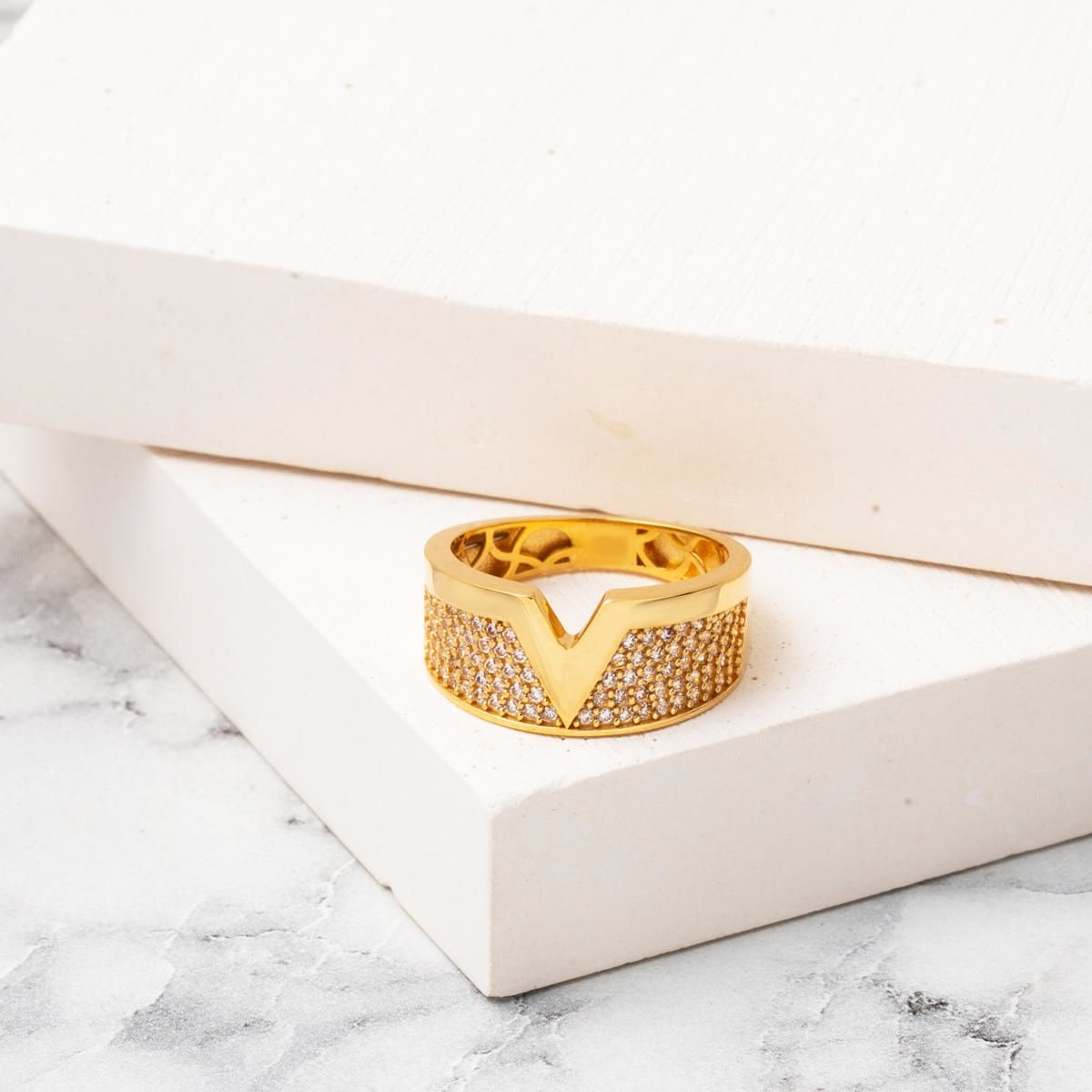 14K Yellow Gold V Cubic Zirconia Ring