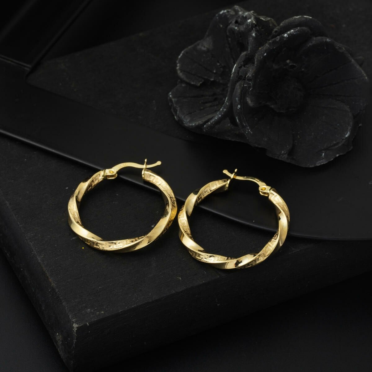 14K Yellow Gold Designer Inspired Twisted Hoop Earrings 3 cm Diameter