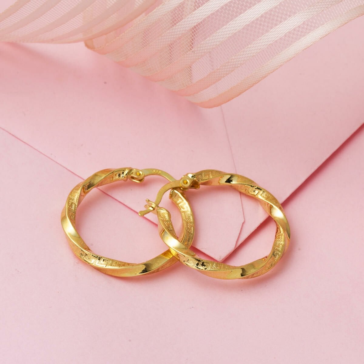 14K Yellow Gold Designer Inspired Twisted Hoop Earrings 3 cm Diameter