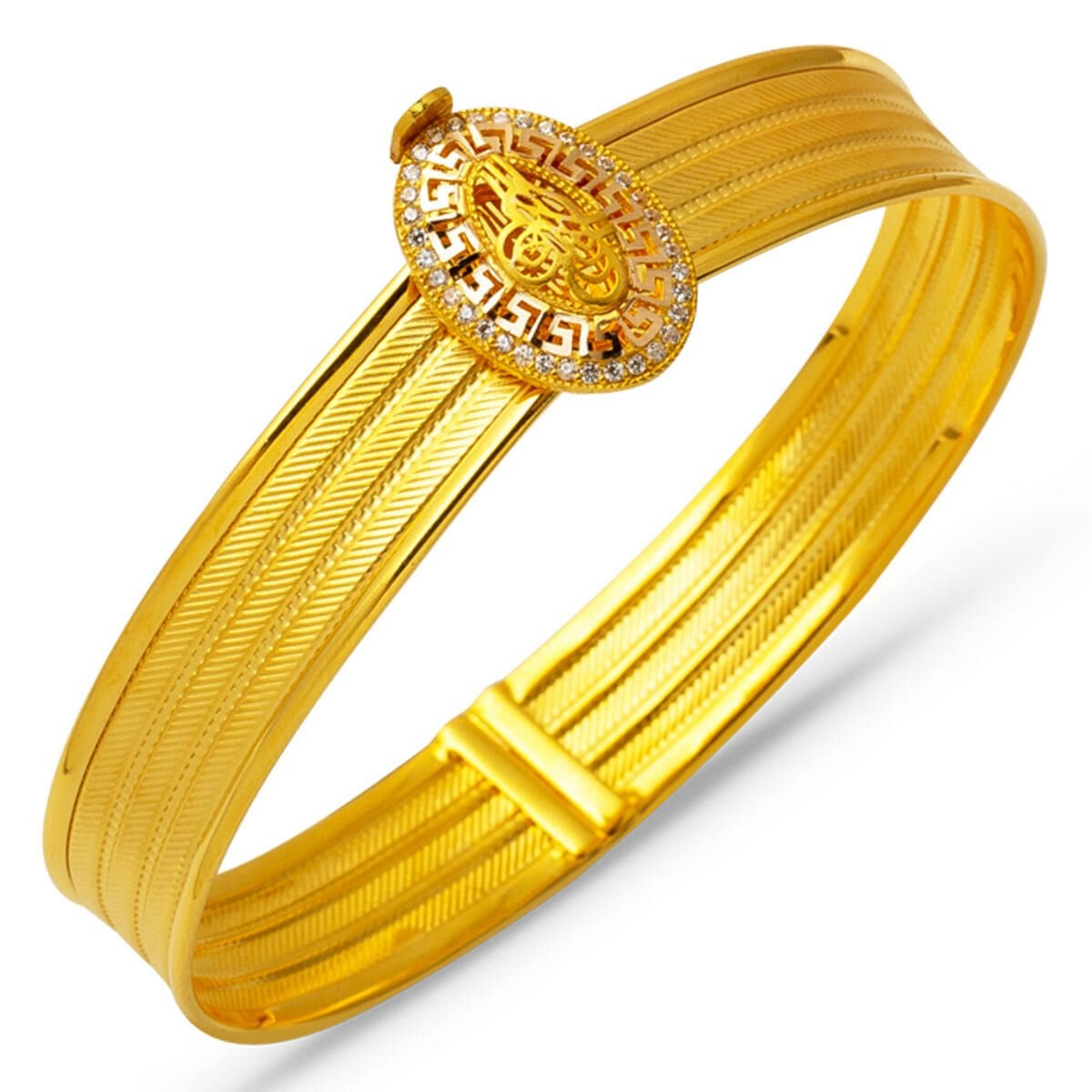 14K Yellow Gold Designer Inspired Ottoman Tughra Mesh Hinged Cuff Cubic Zirconia Bangle