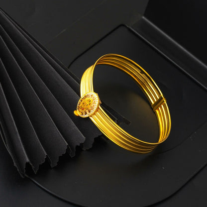 14K Yellow Gold Designer Inspired Ottoman Tughra Mesh Hinged Cuff Cubic Zirconia Bangle