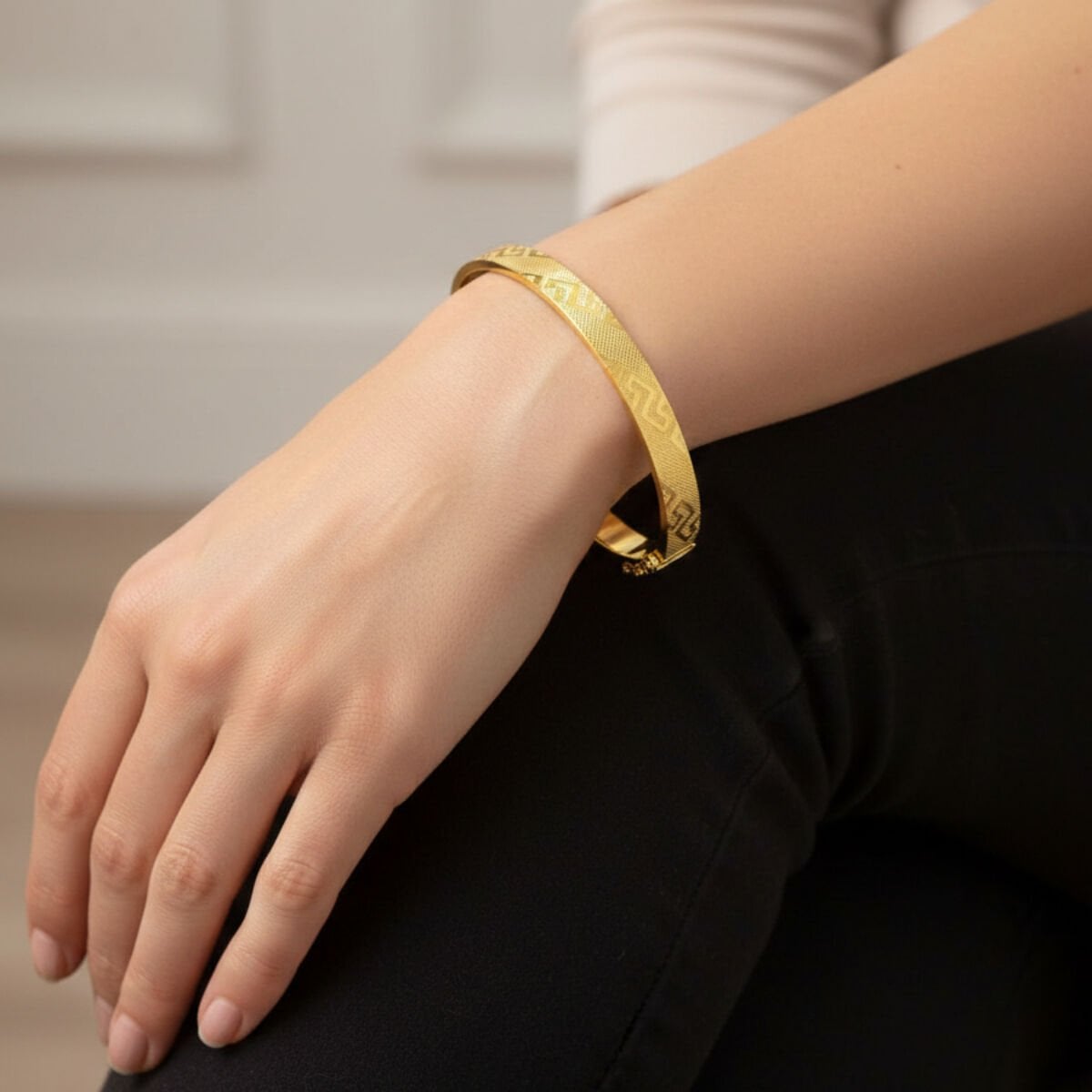 14K Yellow Gold Designer Inspired Style Hinged Cuff Bangle