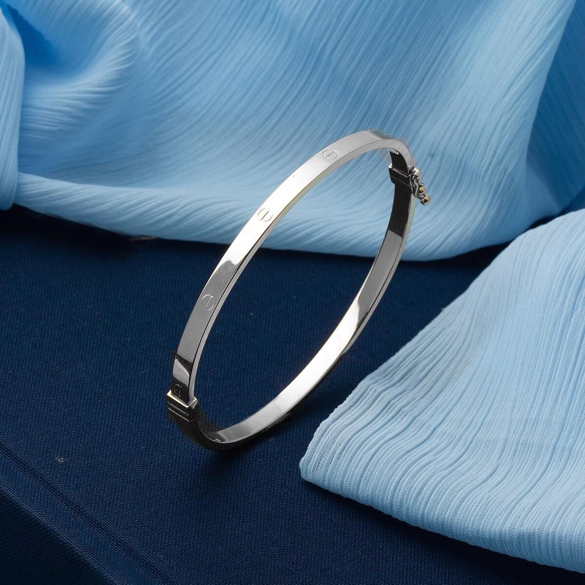 14K White Gold Screw Back Wide Hinged Cuff Bangle