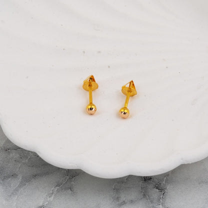 14K Yellow Gold 3 mm Screw Back Ball Earrings