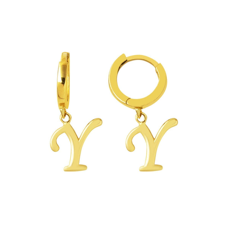 14K Yellow Gold Y Initial Dangle Hoop Earrings