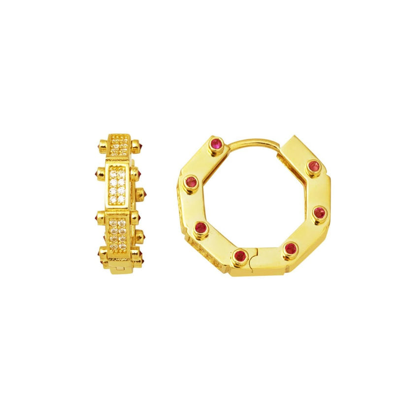 14K Yellow Gold Ruby Sparkle Cubic Zirconia Hoop Earrings