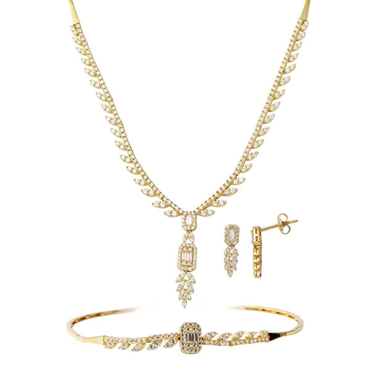 14K Yellow Gold Leaf Baguette Cubic Zirconia Set