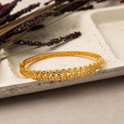 22K Yellow Gold Leaf Hinged Cuff Bangle