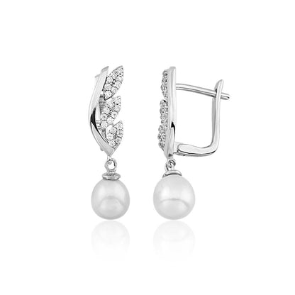 14K White Gold Leaf Pearl Earrings
