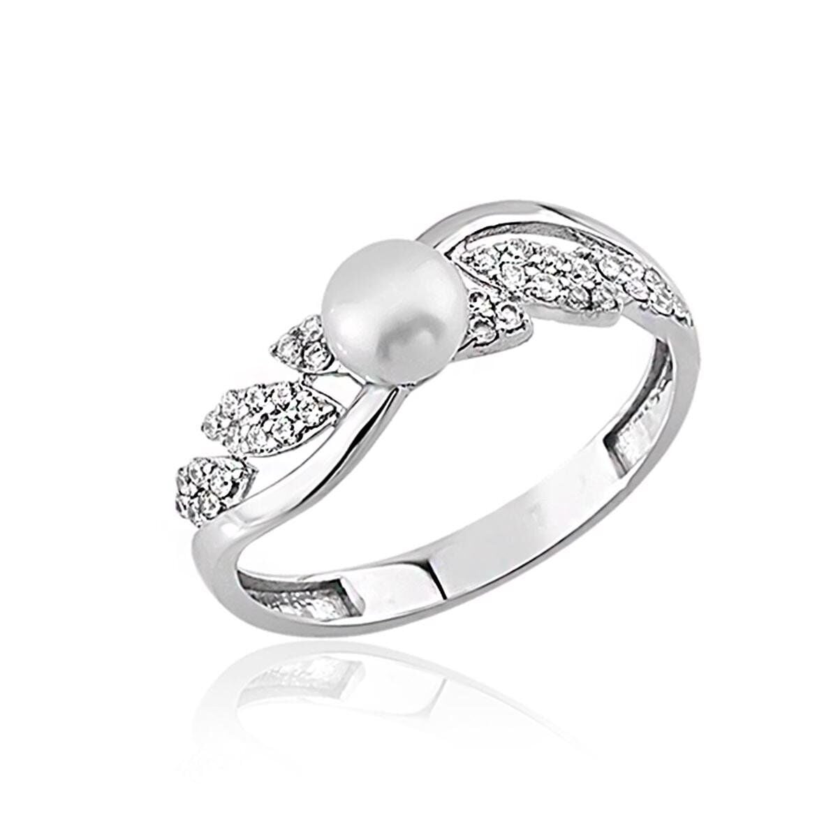 14K White Gold Leaf Pearl Ring
