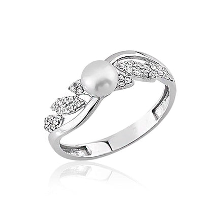 14K White Gold Leaf Pearl Ring