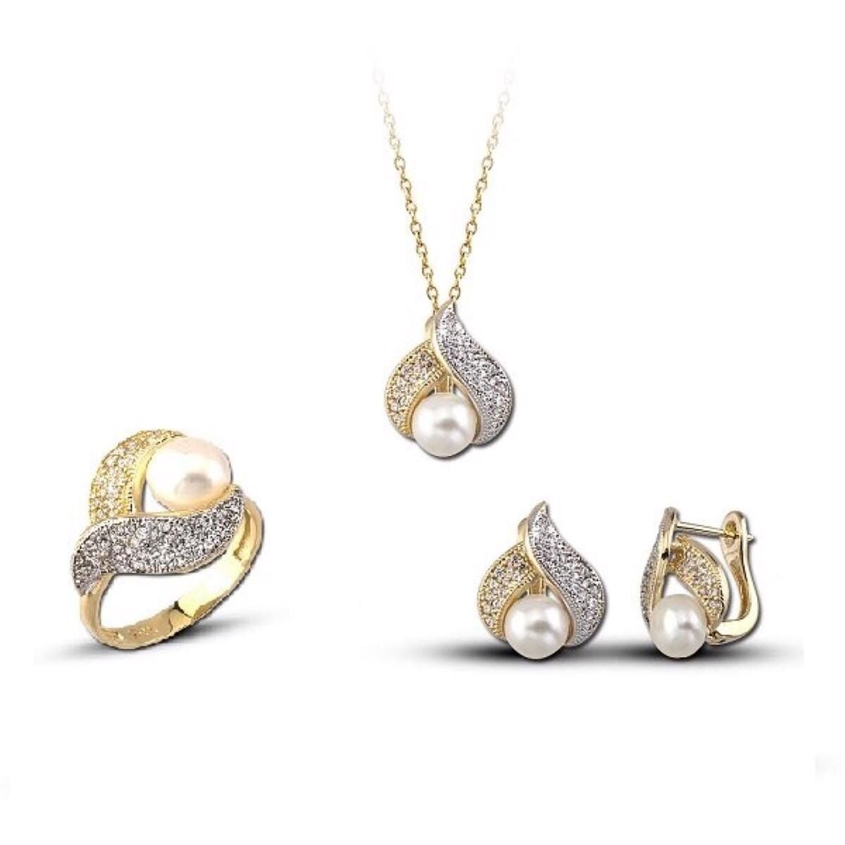 14K Yellow Gold Leaf Pearl Set