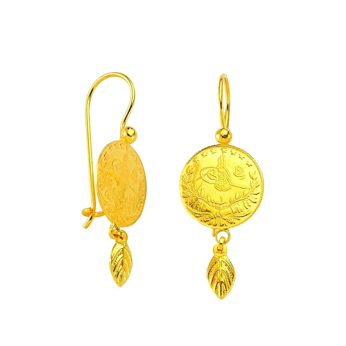 22K Yellow Gold Leaf Quarter Coin Ottoman Resat Coin Earrings