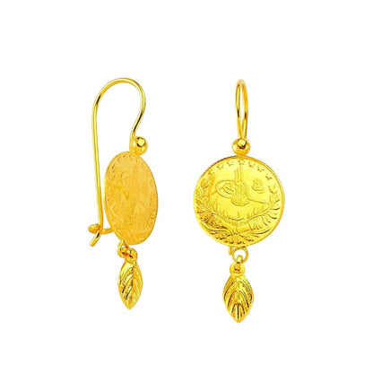 22K Yellow Gold Leaf Quarter Coin Ottoman Resat Coin Earrings