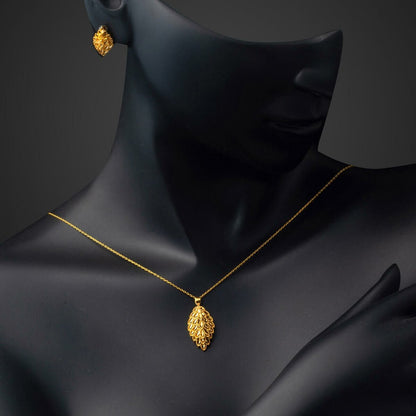 22K Yellow Gold Leaf Necklace Earrings Jewelry Set