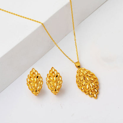 22K Yellow Gold Leaf Necklace Earrings Jewelry Set