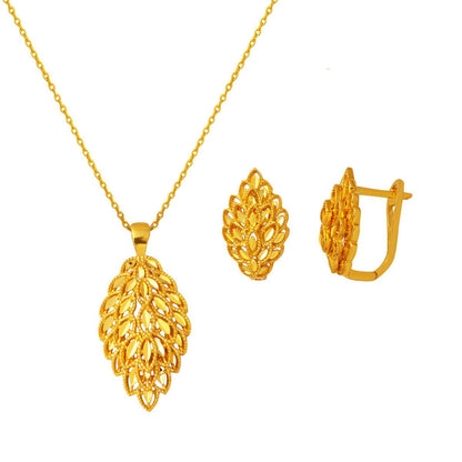 22K Yellow Gold Leaf Necklace Earrings Jewelry Set