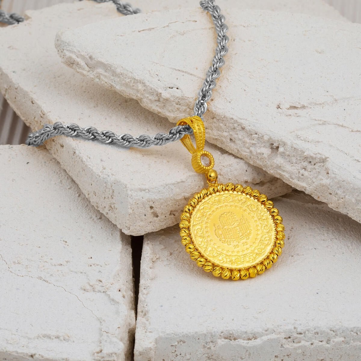 14K Yellow Gold Half Gold Bead Cubic Zirconia Pendant