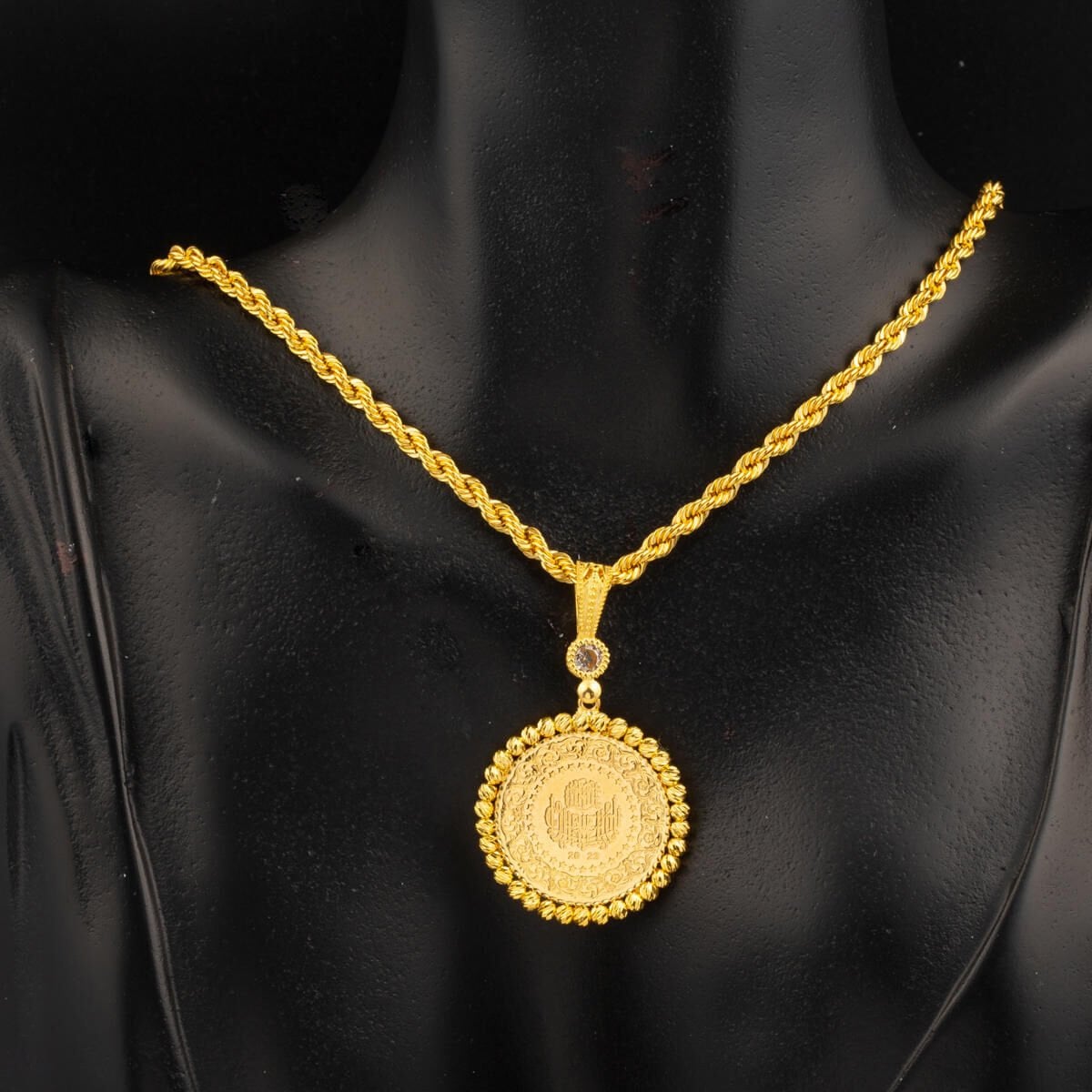 14K Yellow Gold Half Gold Bead Cubic Zirconia Necklace