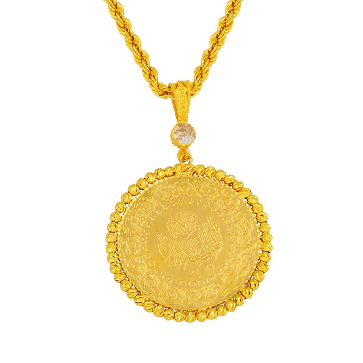 14K Yellow Gold Half Gold Bead Cubic Zirconia Necklace
