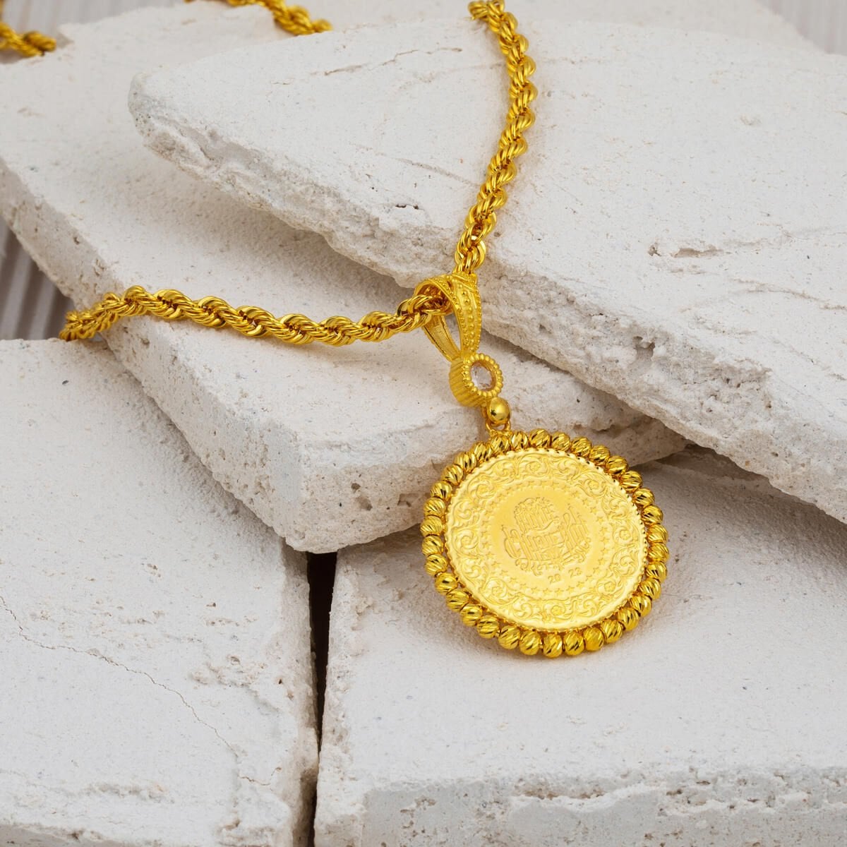 14K Yellow Gold Half Gold Bead Cubic Zirconia Necklace
