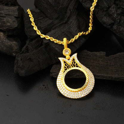 14K Yellow Gold Half Gold Coin Frame Cubic Zirconia Necklace