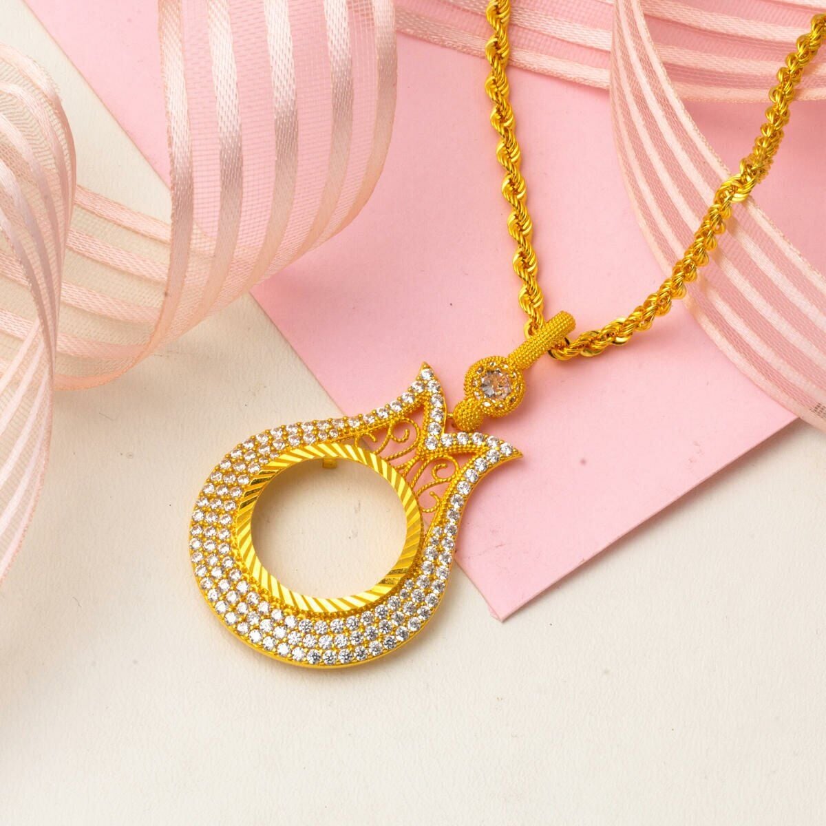 14K Yellow Gold Half Gold Coin Frame Cubic Zirconia Necklace