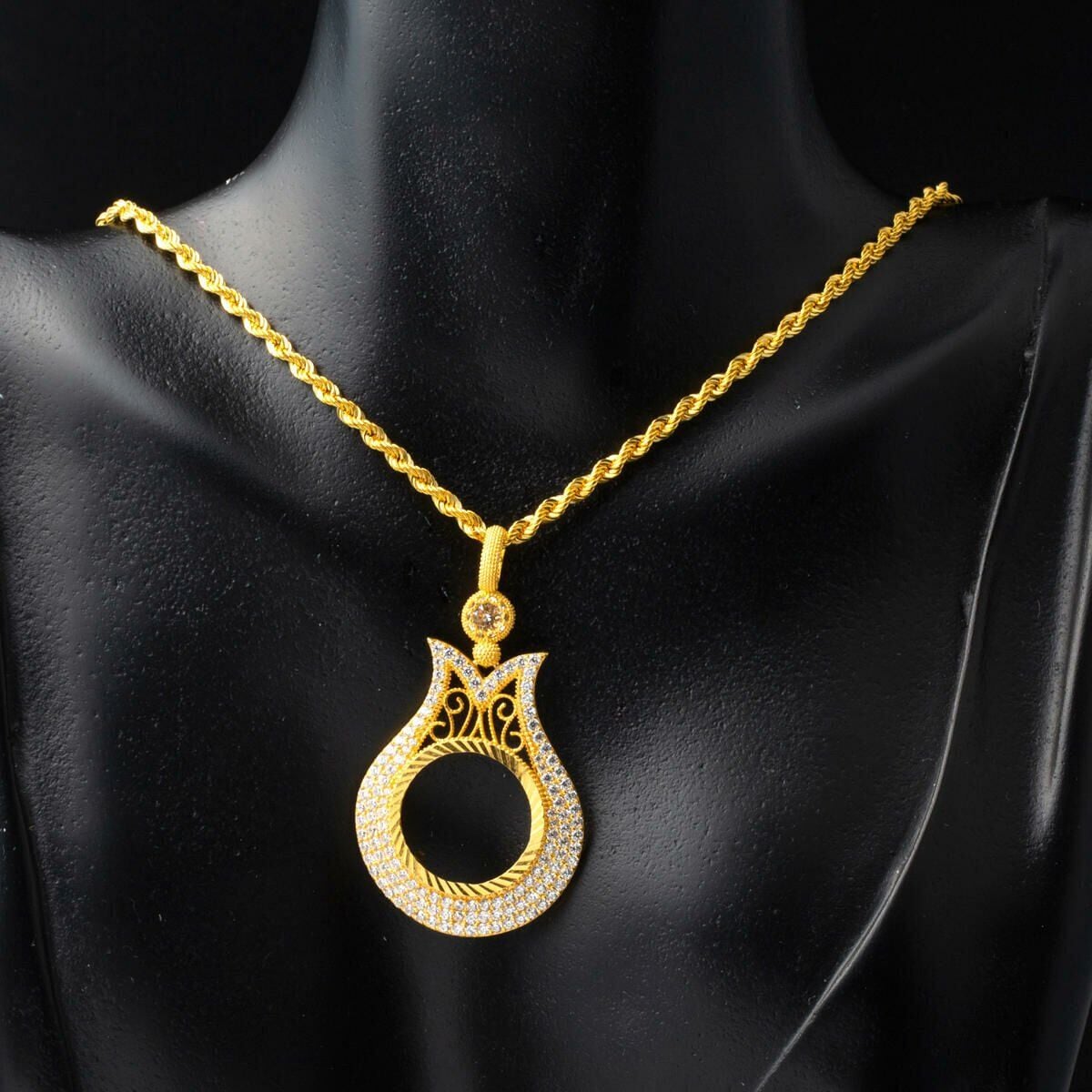 14K Yellow Gold Half Gold Coin Frame Cubic Zirconia Necklace