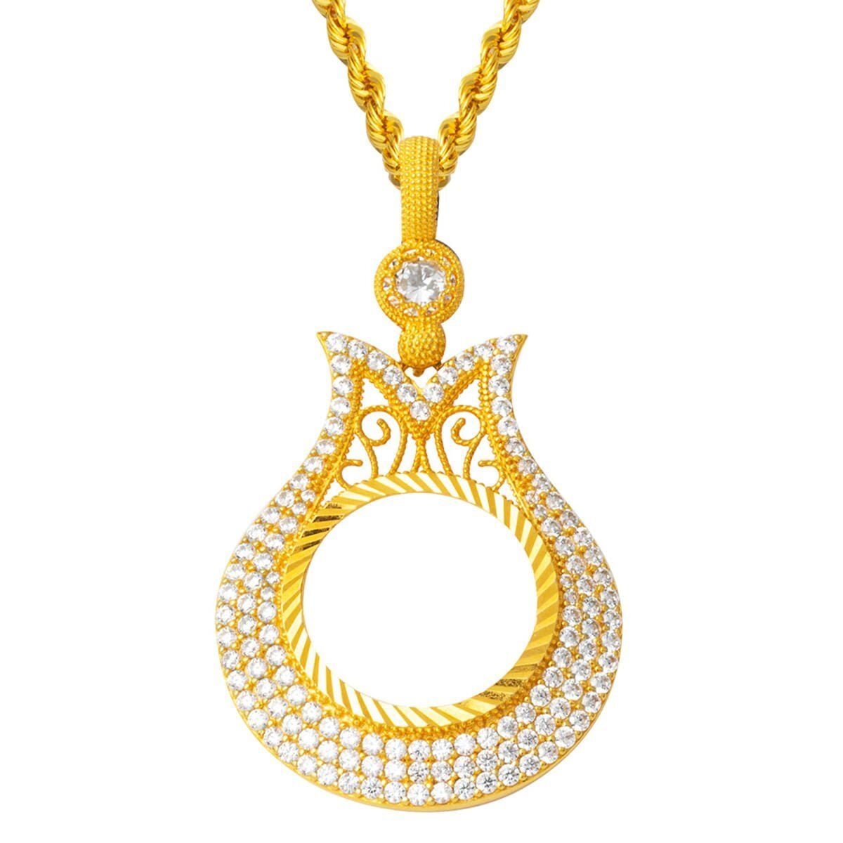 14K Yellow Gold Half Gold Coin Frame Cubic Zirconia Necklace