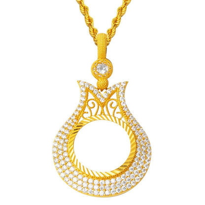 14K Yellow Gold Half Gold Coin Frame Cubic Zirconia Necklace
