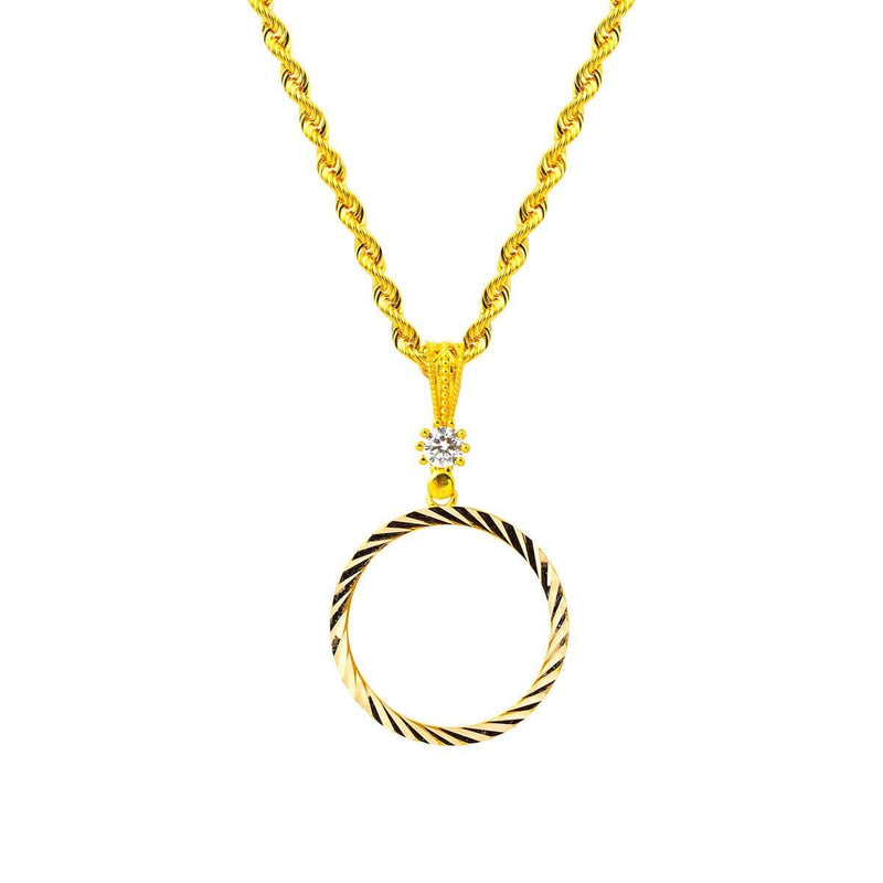 14K Yellow Gold Half Coin Frame Chain Cubic Zirconia Necklace