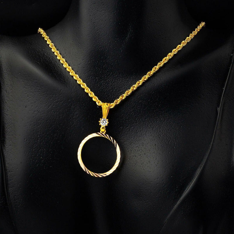 14K Yellow Gold Half Coin Frame Chain Cubic Zirconia Necklace