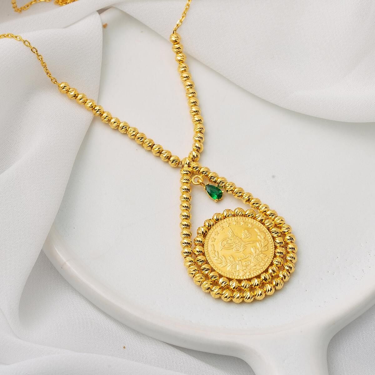22K Yellow Gold Half Ottoman Resat Coin Cubic Zirconia Necklace