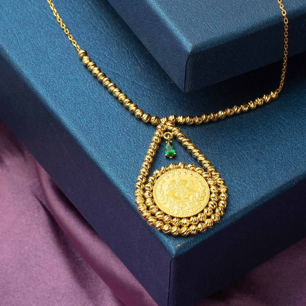 22K Yellow Gold Half Ottoman Resat Coin Cubic Zirconia Necklace