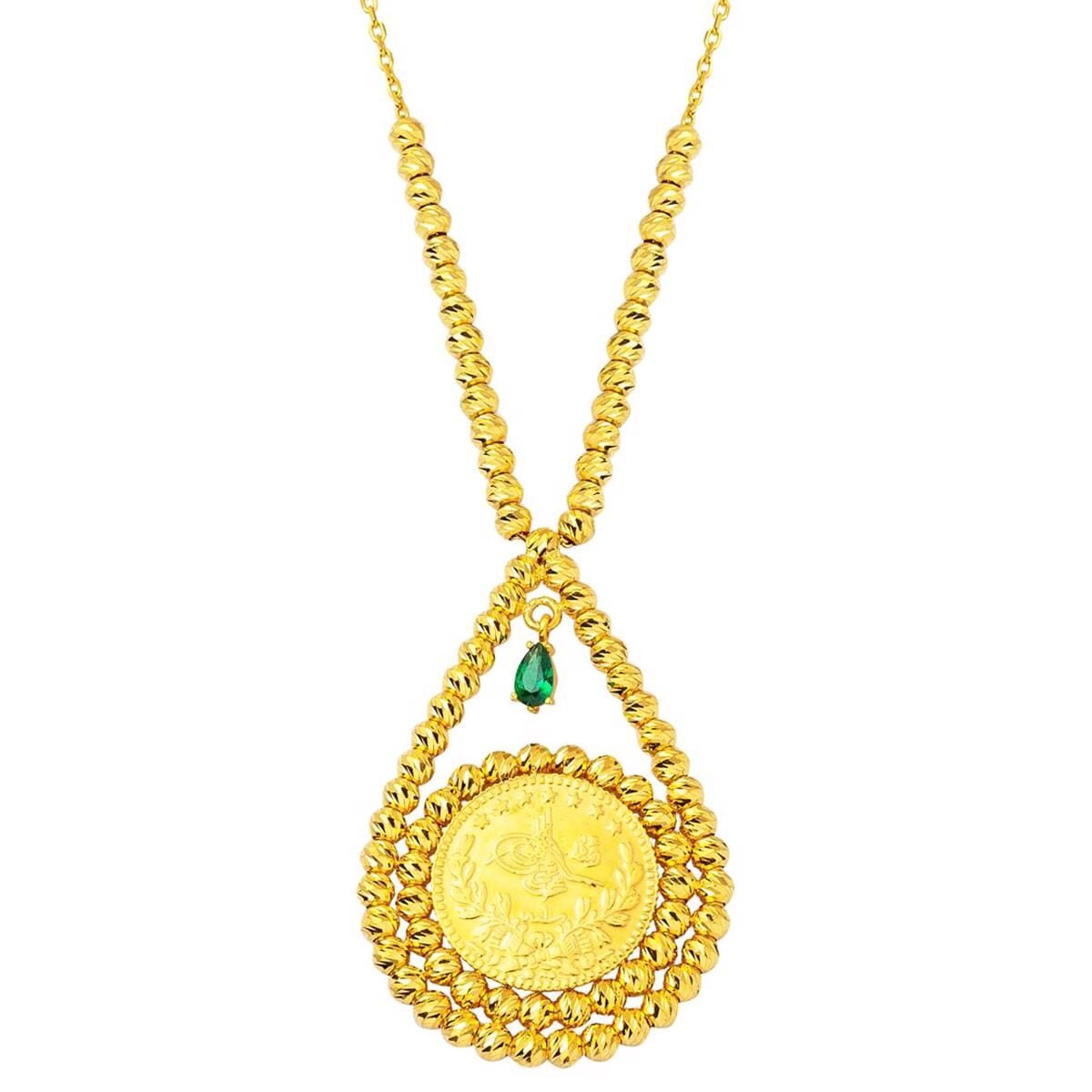 22K Yellow Gold Half Ottoman Resat Coin Cubic Zirconia Necklace