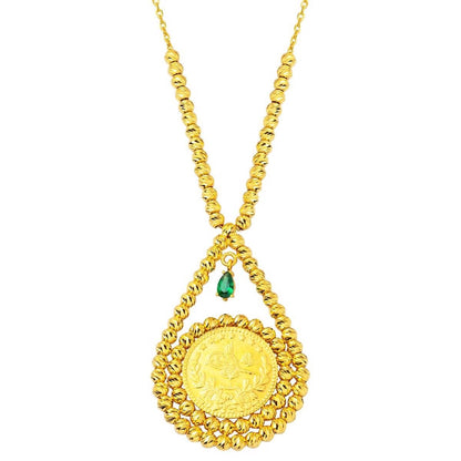 22K Yellow Gold Half Ottoman Resat Coin Cubic Zirconia Necklace