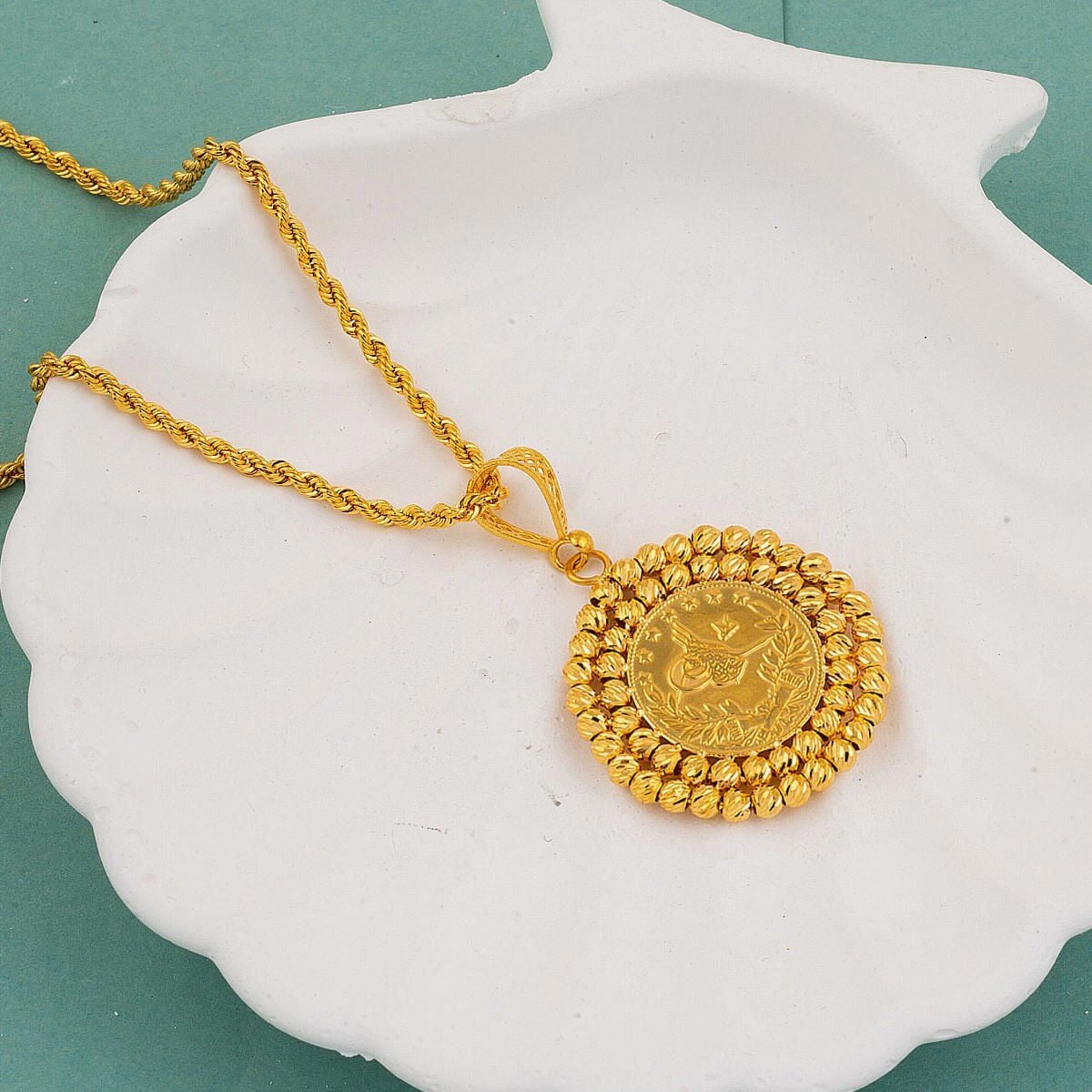22K Yellow Gold Half Ottoman Resat Coin Necklace