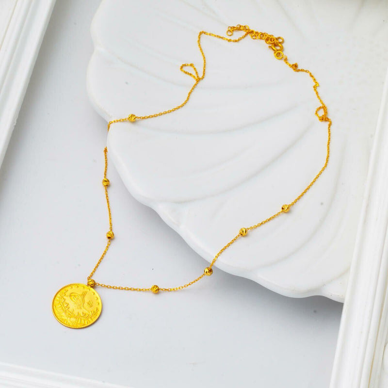 22K Yellow Gold Half Ottoman Resat Coin Ball Chain Necklace