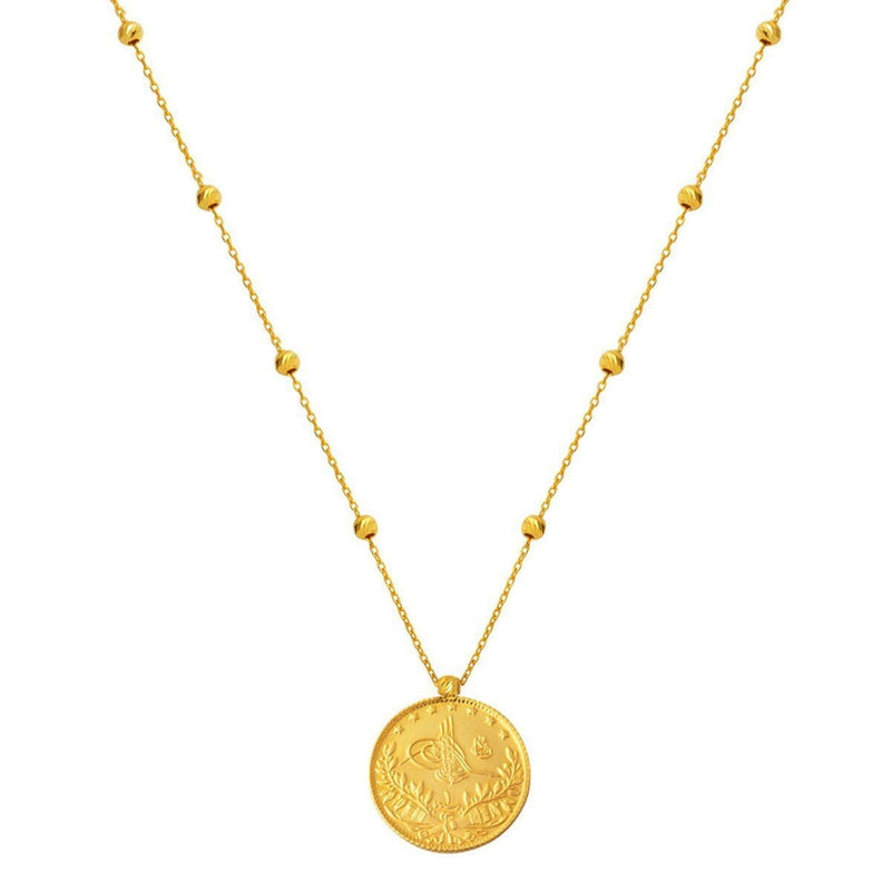 22K Yellow Gold Half Ottoman Resat Coin Ball Chain Necklace