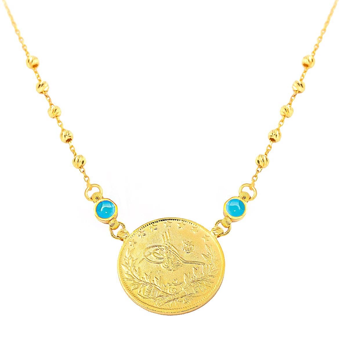 22K Yellow Gold Half Ottoman Resat Coin Bead Turquoise Necklace