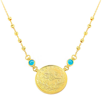 22K Yellow Gold Half Ottoman Resat Coin Bead Turquoise Necklace