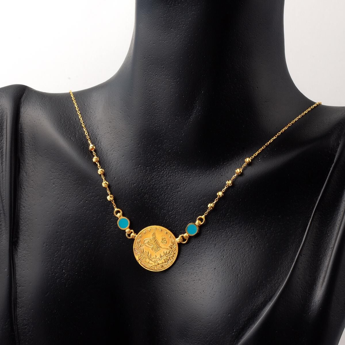22K Yellow Gold Half Ottoman Resat Coin Bead Turquoise Necklace