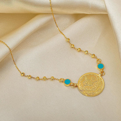22K Yellow Gold Half Ottoman Resat Coin Bead Turquoise Necklace